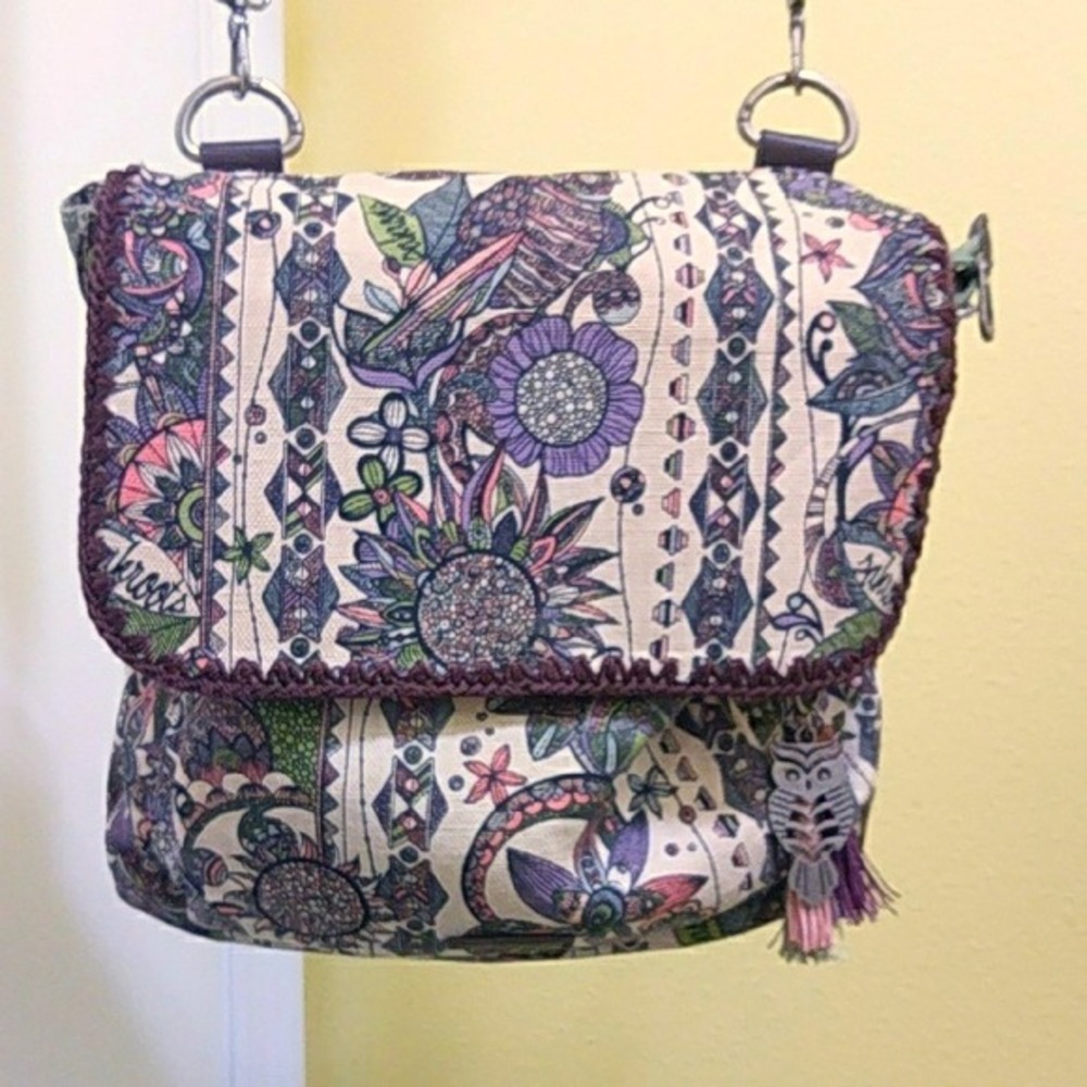 Sakroots‎ Convertible Crossbody Backpack Bag Floral Multi Color Owl Charm Boho